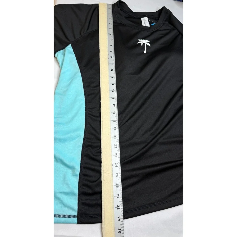 Halcurt Womens 3X Black Turquoise Palm Tree Long Sleeve Rash Guard Swim Shirt